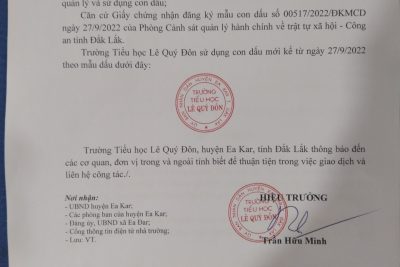 Thông báo về việc thay đổi con dấu của Trường Tiểu học Lê Quý Đôn